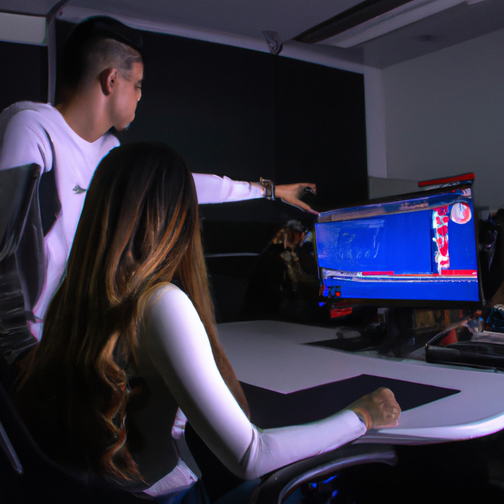 Estudiantes de periodismo colaborando en una redacción moderna con pantallas