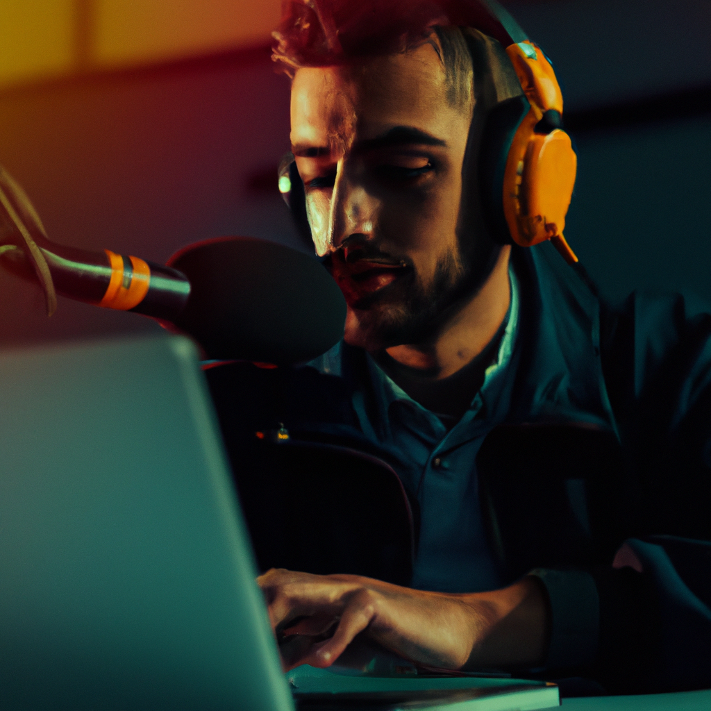Joven periodista trabajando con auriculares, micrófono y laptop en una sala de redacción